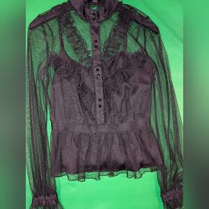 Black mock neck lace and mesh blouse